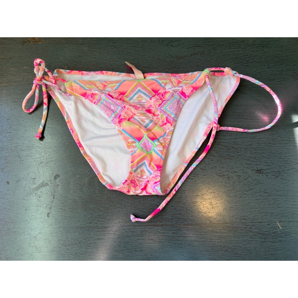 Victorias Secret Pink Orange Geometric Floral Side Tie Bikini Bottom Medium